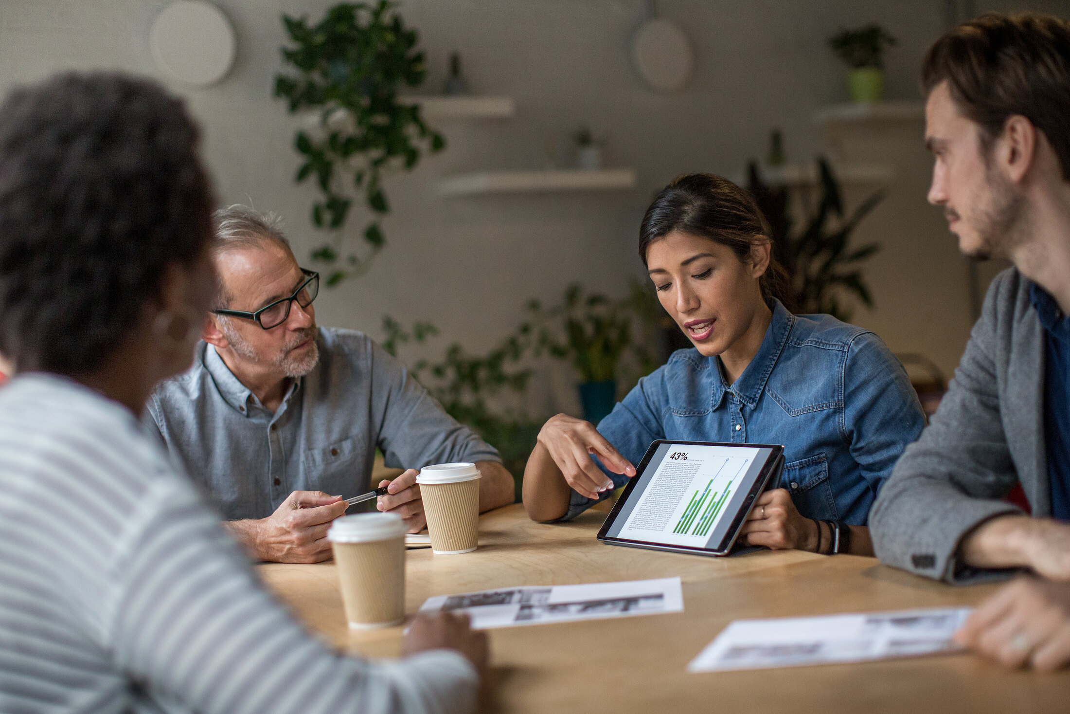A small team reviewing results together over coffee.
