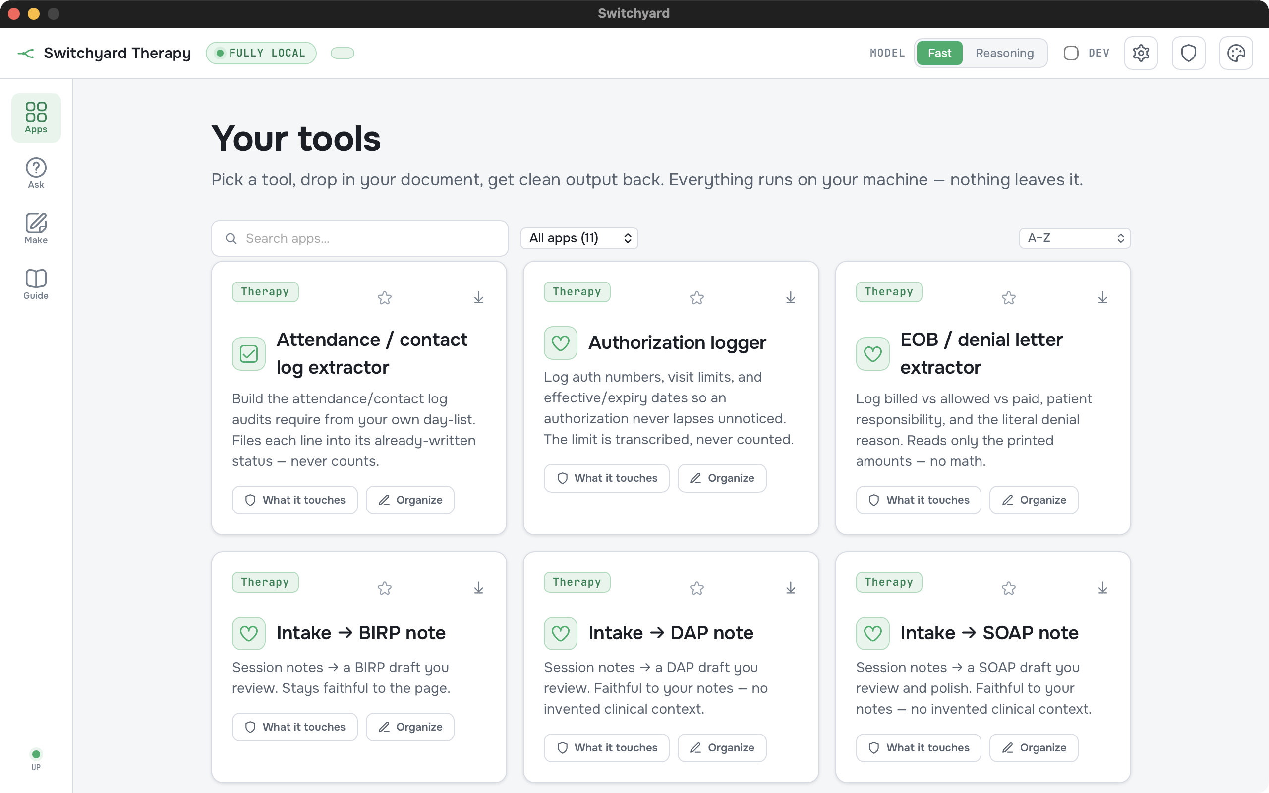 The Switchyard Therapy tool gallery, showing the clinical toolkit.